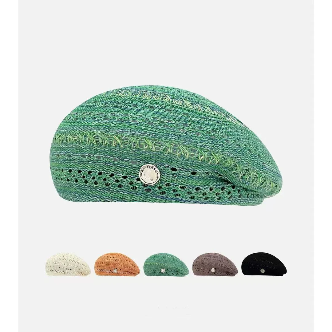 日系复古镂空针织贝雷帽春夏小清新苔痕绿显脸小编织画家帽