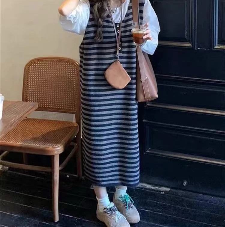 韩系撞色条纹针织背心连衣裙女秋冬氛围感穿搭宽松叠穿长裙子6105
