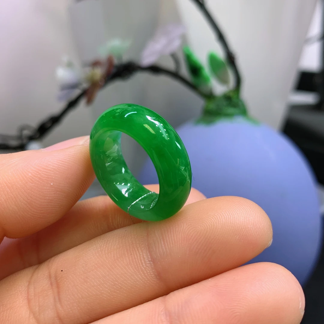 12-13圈口缅甸天然翡翠A货冰满绿宽版戒指A928#