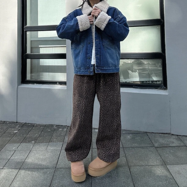 韩国正品代购NO退/摇粒绒豹纹裤子