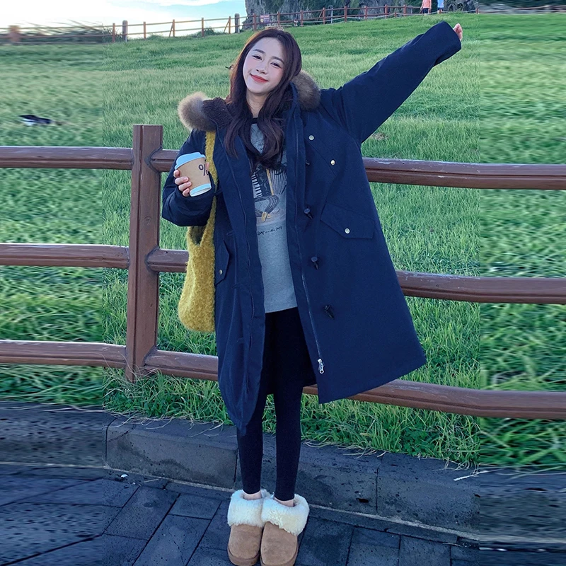 牛角扣大毛领棉服女中长款宽松棉服棉衣2025冬季新款袄外套