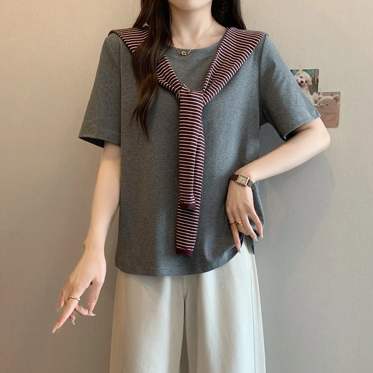 大码气质正肩短袖t恤女夏季新款胖妹妹慵懒风披肩打底上衣两件套