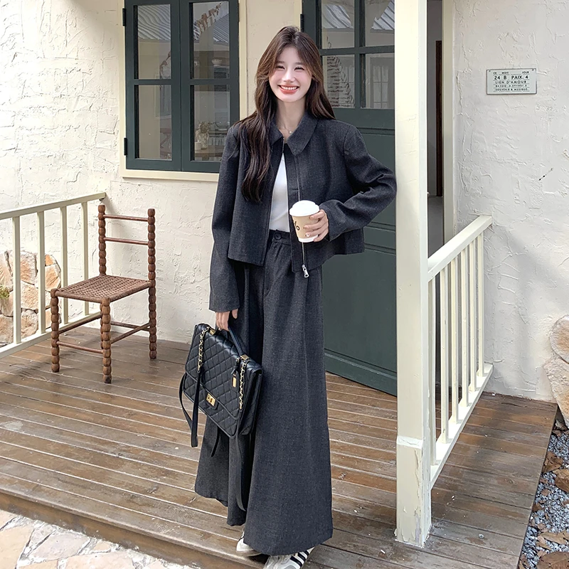 深灰色韩系气质短款上衣套装女2025秋季新款高级感阔腿裙裤两件套