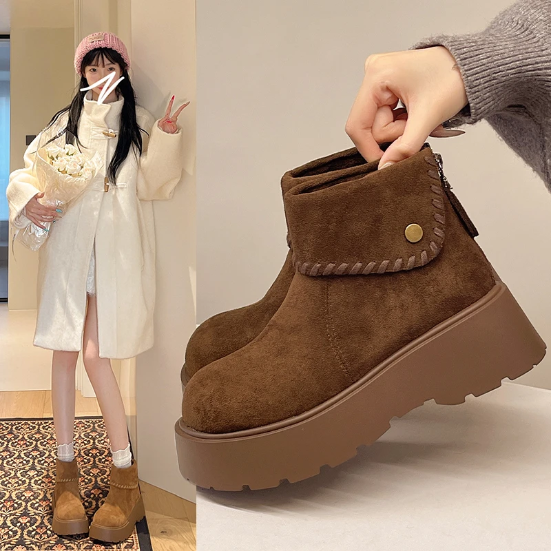 啄木鸟厚底松糕马丁靴女2025秋冬新款加绒复古小个子勃肯短靴子