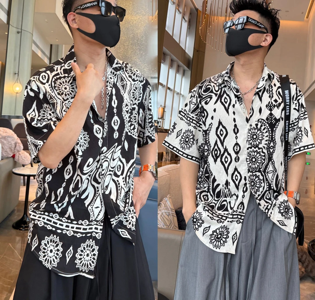 金先生夏季提花工艺老钱风图腾潮流轻薄舒适凉感休闲时尚短袖衬衫