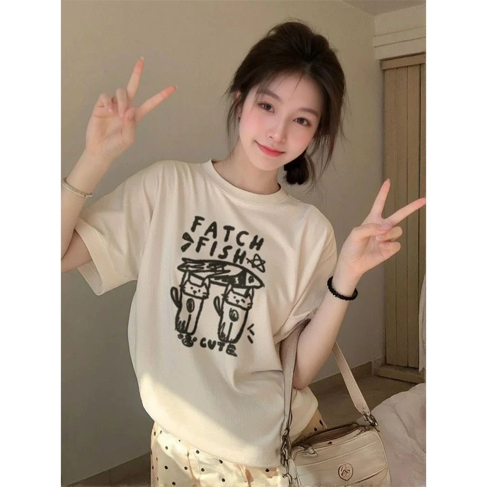 2025夏季短袖t恤女时尚美式复古2025新款圆领宽松设计感小众上衣