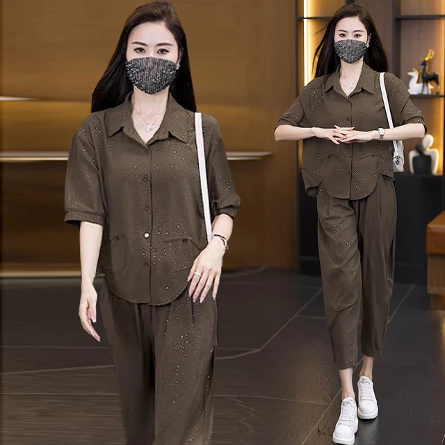 胖MM时尚细闪衬衫+裤子两件套女2025年夏季新款宽松显瘦休闲套装