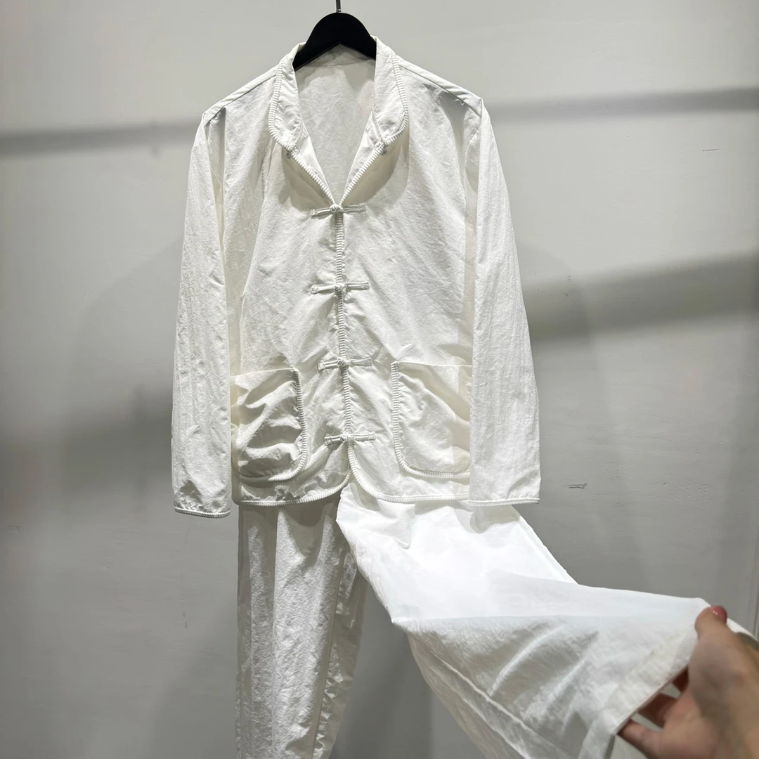 男士新中式简约休闲秋季新品长袖衬衣两件套潮牌复古休闲长裤套装