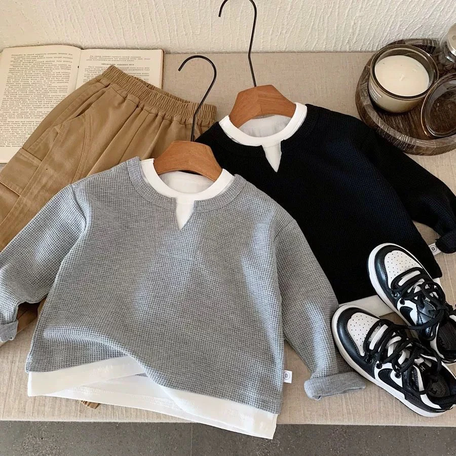 儿童华夫格卫衣秋装2025新品百搭韩系简约男童洋气春季女宝宝上衣