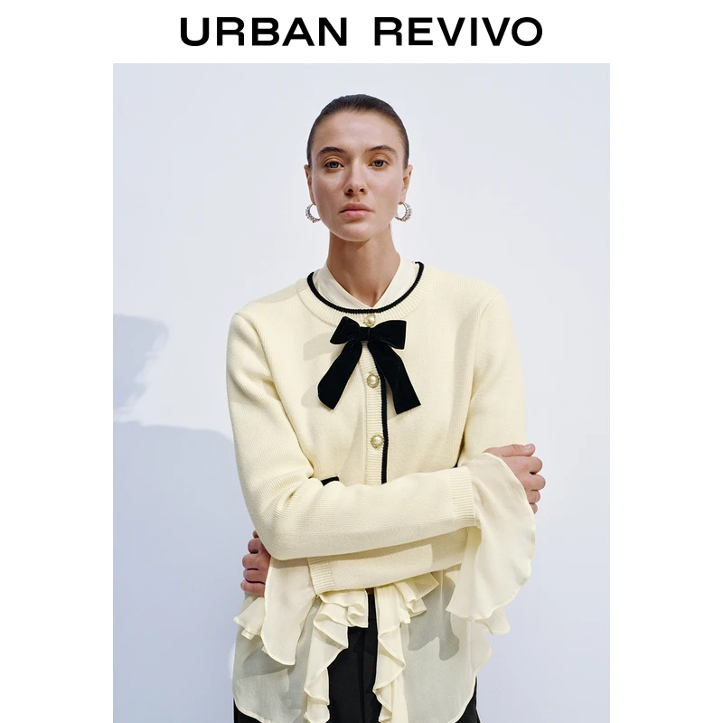 UR2025秋季新款女装魅力小香撞色边蝴蝶结针织开衫UWG950261