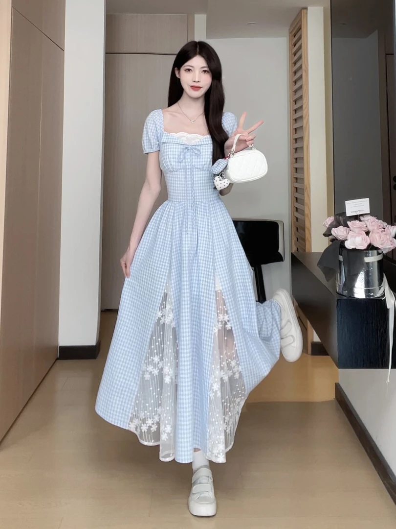 松本丧丧法式条纹蕾丝拼接氛围感收腰裙显白连衣裙B251Q0908