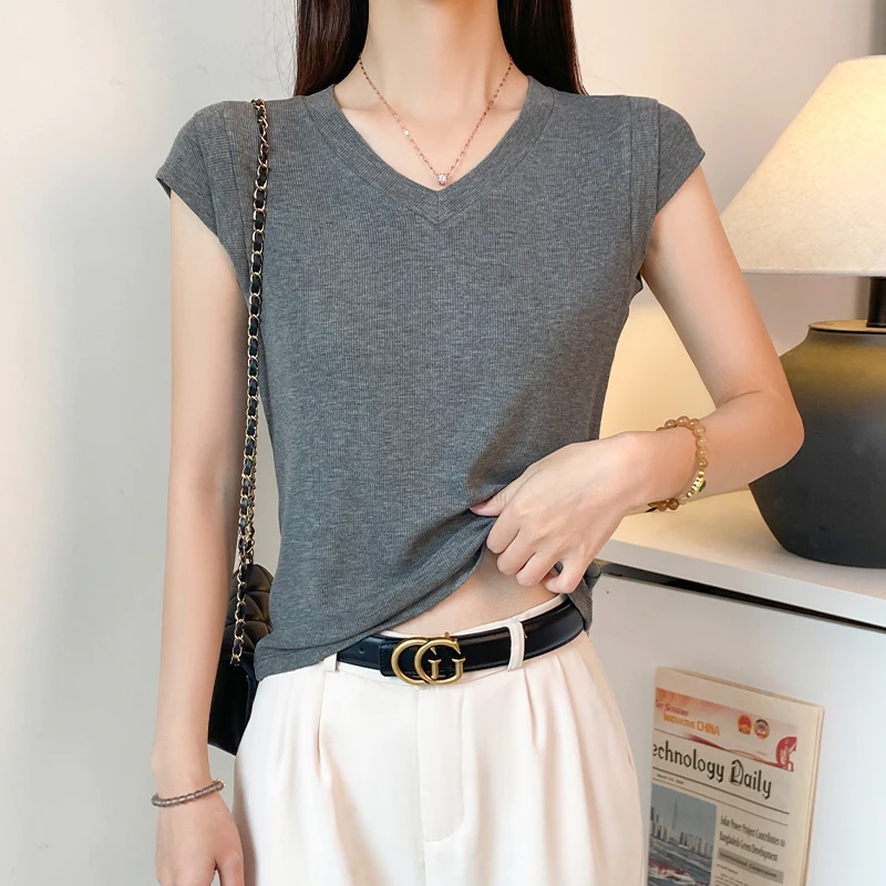 螺纹V领短袖t恤女夏季修身吊带背心显瘦打底衫百搭飞飞袖设计上衣
