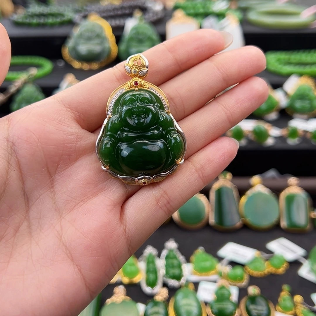 和田玉（碧玉）18K金镶嵌吊坠(不含链)典藏级菠菜绿佛公30mm