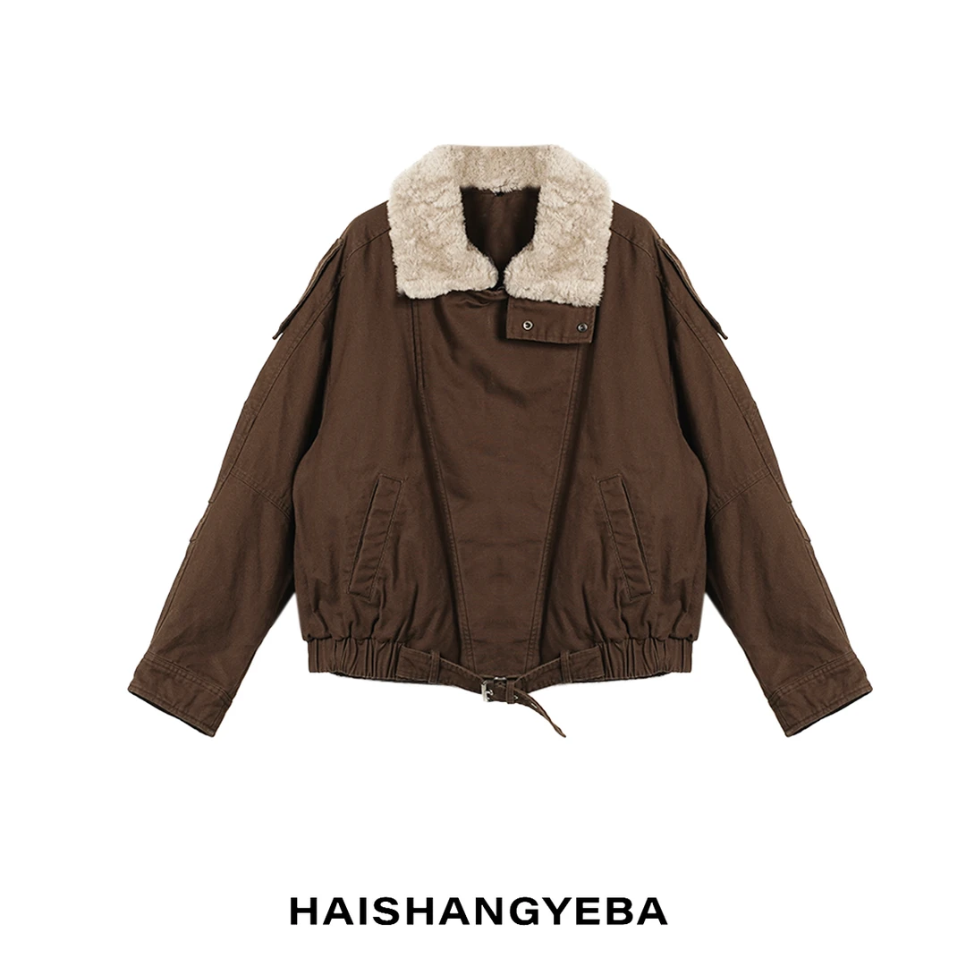 【海上叶爸】新款2025秋冬百搭鸭绒翻领不规则拉链厚款短羽绒服