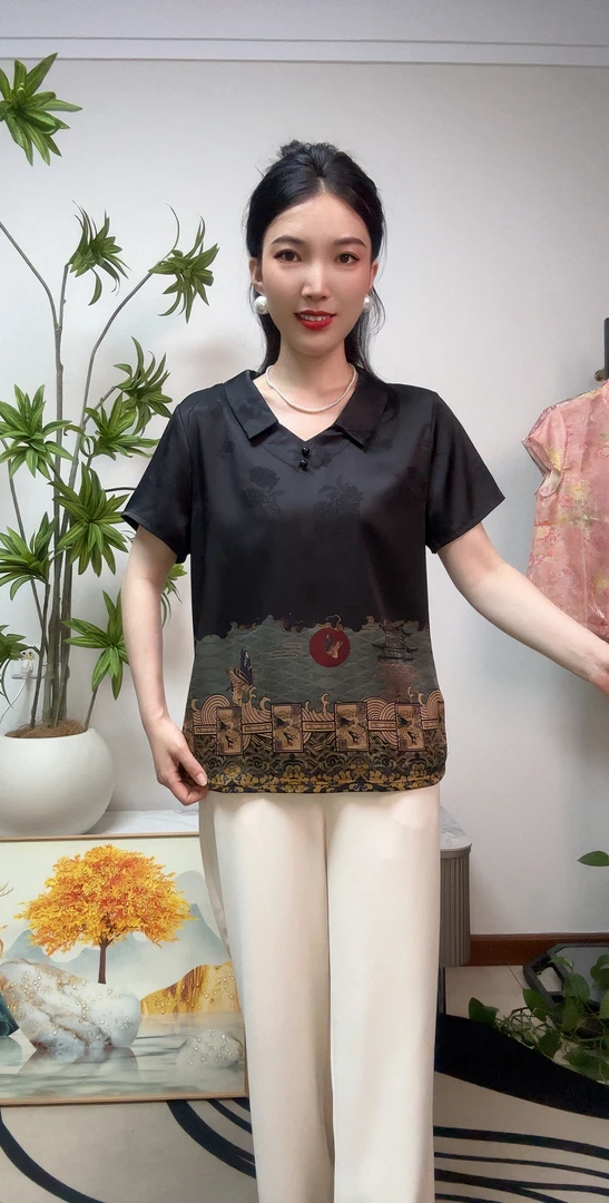 新中式夏季中老年洋气高贵短袖半开领领定位花套头上衣
