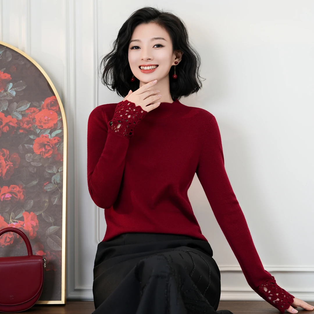 西子/【千语】精纺羊毛时尚设计感镂空袖口红色针织衫/MSBH2307