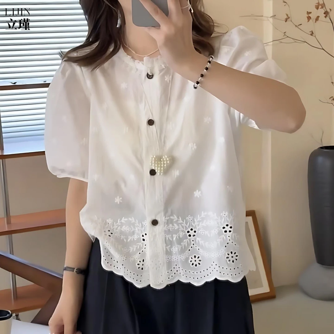 法式蕾丝镂空花边衬衫女2025夏季新款设计感小个子短袖上衣小衫薄