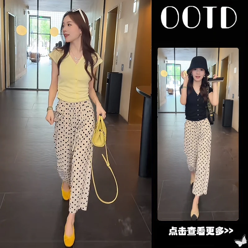 【现货】超火穿搭一整套2025新款V领显瘦T恤百搭波点阔腿裤两件套