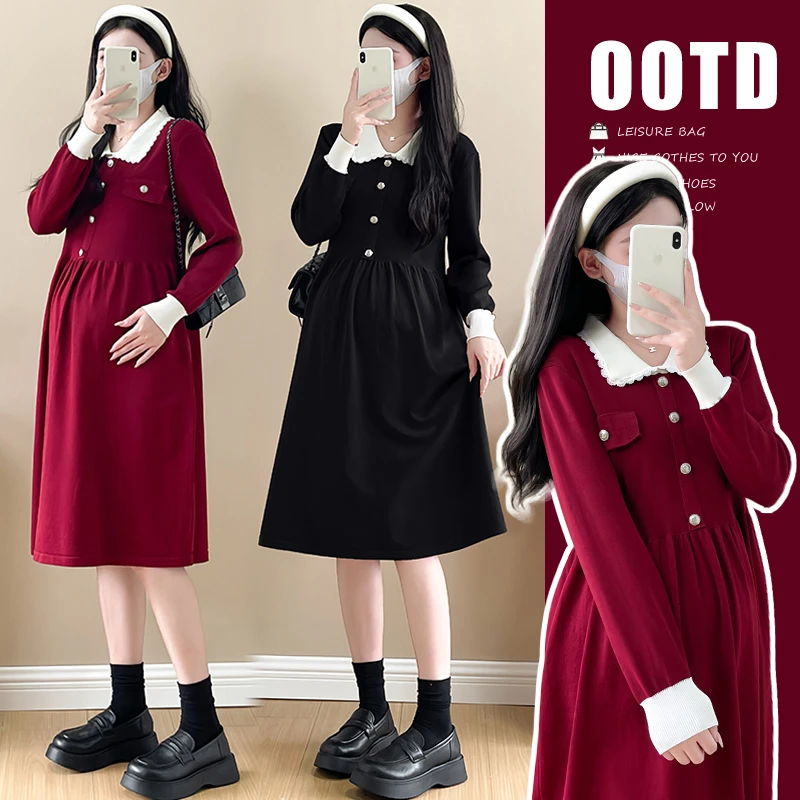 【甜甜圈】 孕妇新款撞色法式娃娃领气质显瘦针织气质小香孕妇裙