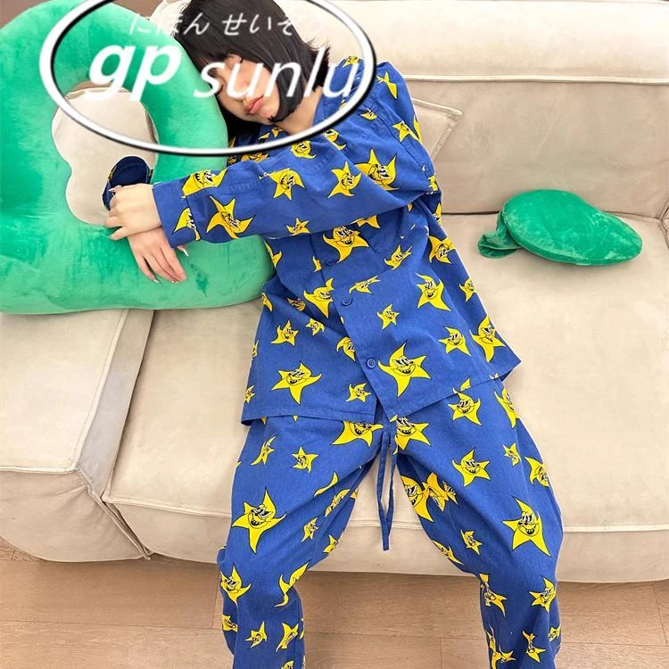 GPSUNLU少女趣味星星印花开衫翻领长袖睡衣女春秋季家居服两件