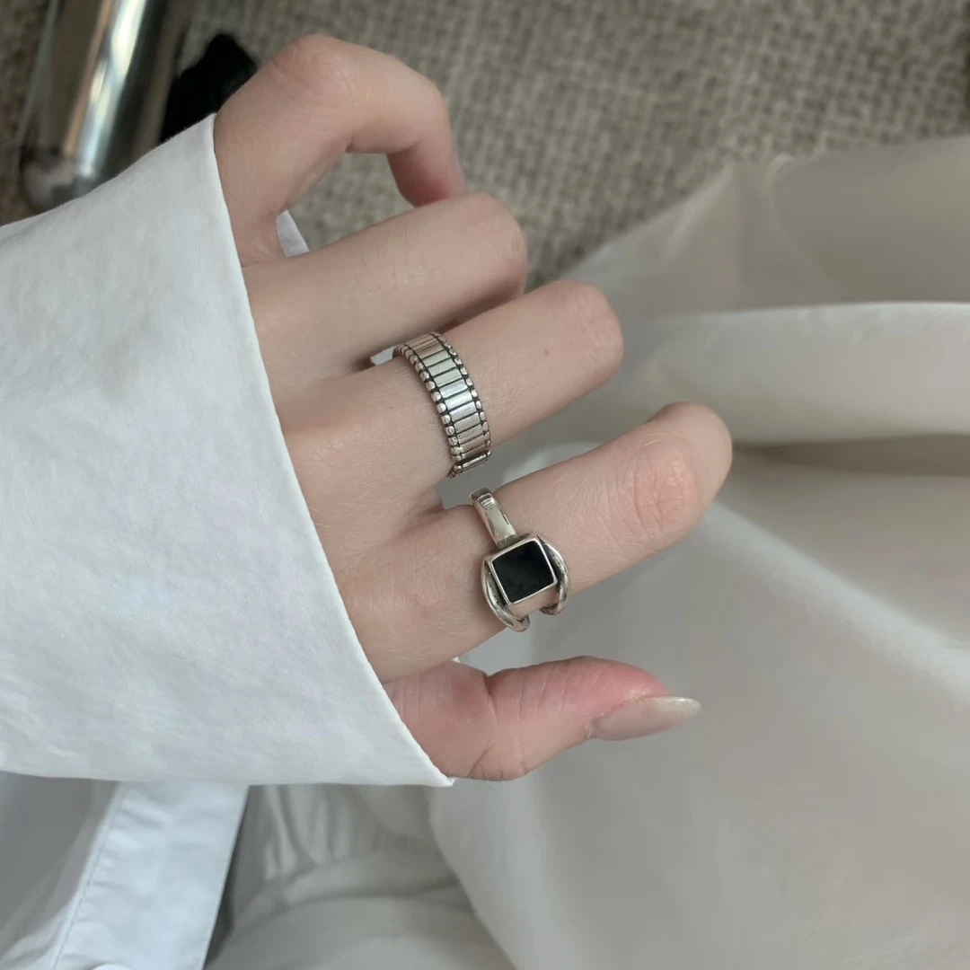 复古做旧黑色方形戒指女小众设计感冷淡风个性时尚百搭指环女ins