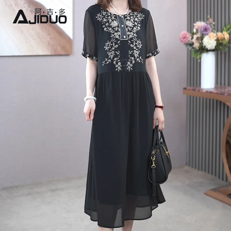 A21950阿吉多黑色短袖连衣裙女2025夏装新款高端印花气质大码长裙