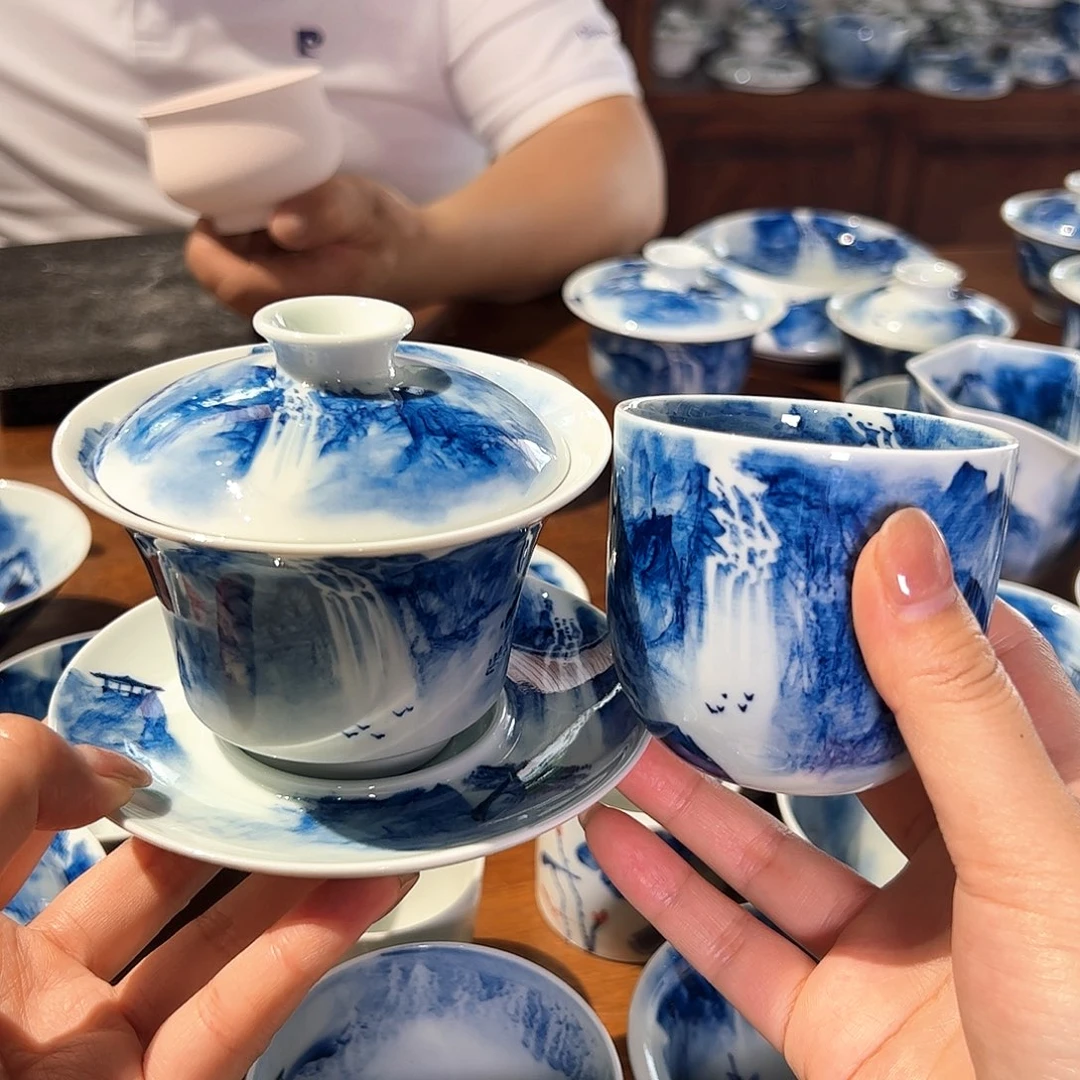 杯z*青花手绘山水盖碗