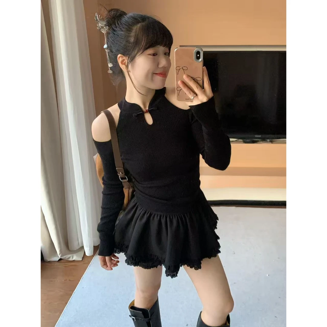 米米子定制黑色盘扣新中式针织衫女秋季显瘦内搭小众打底衫上衣