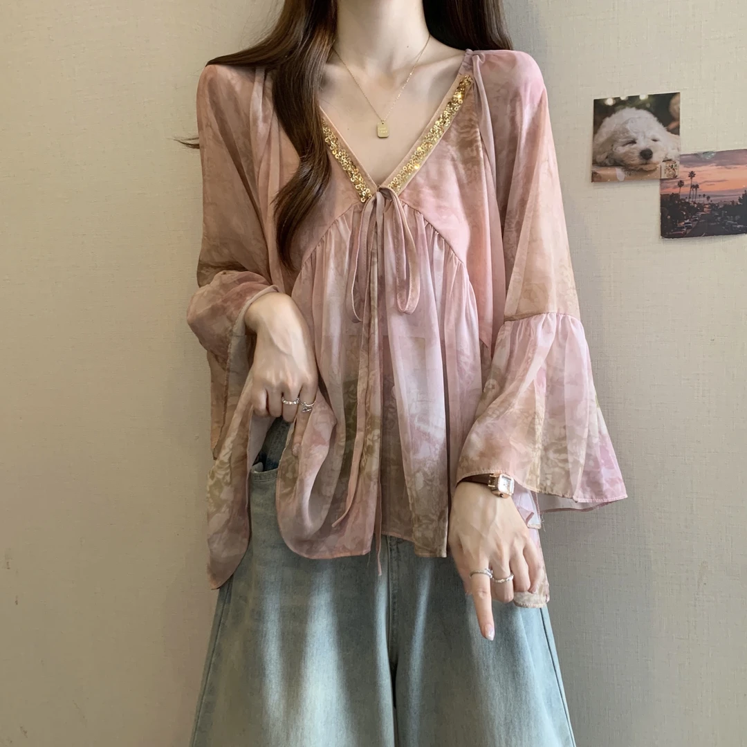 大码女装遮肚子法式超仙喇叭袖雪纺衬衫女夏胖mm显瘦遮肉绝美上衣