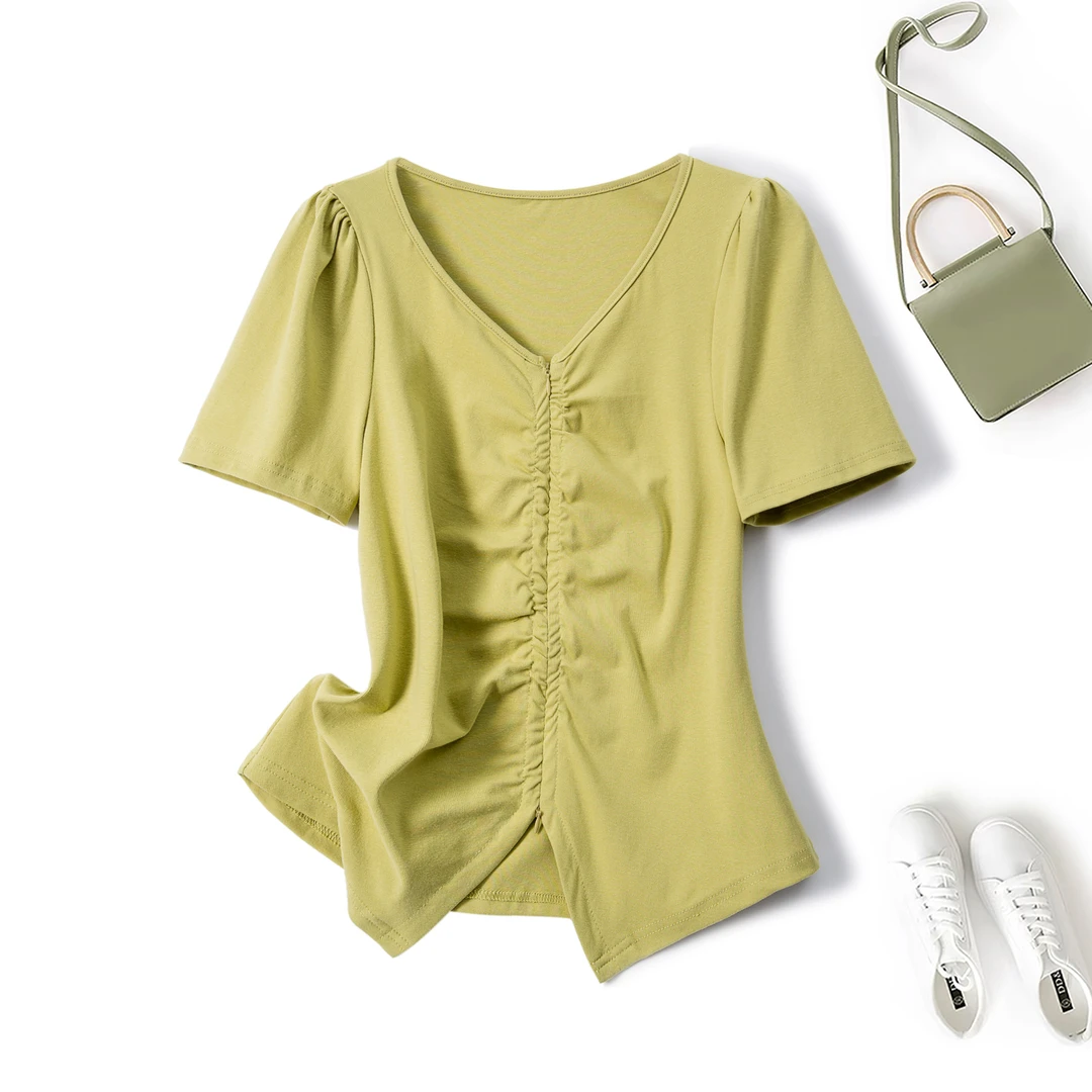 尚秀大码女装2025夏拉链褶皱V领短袖T恤不规则显瘦开叉上衣63786