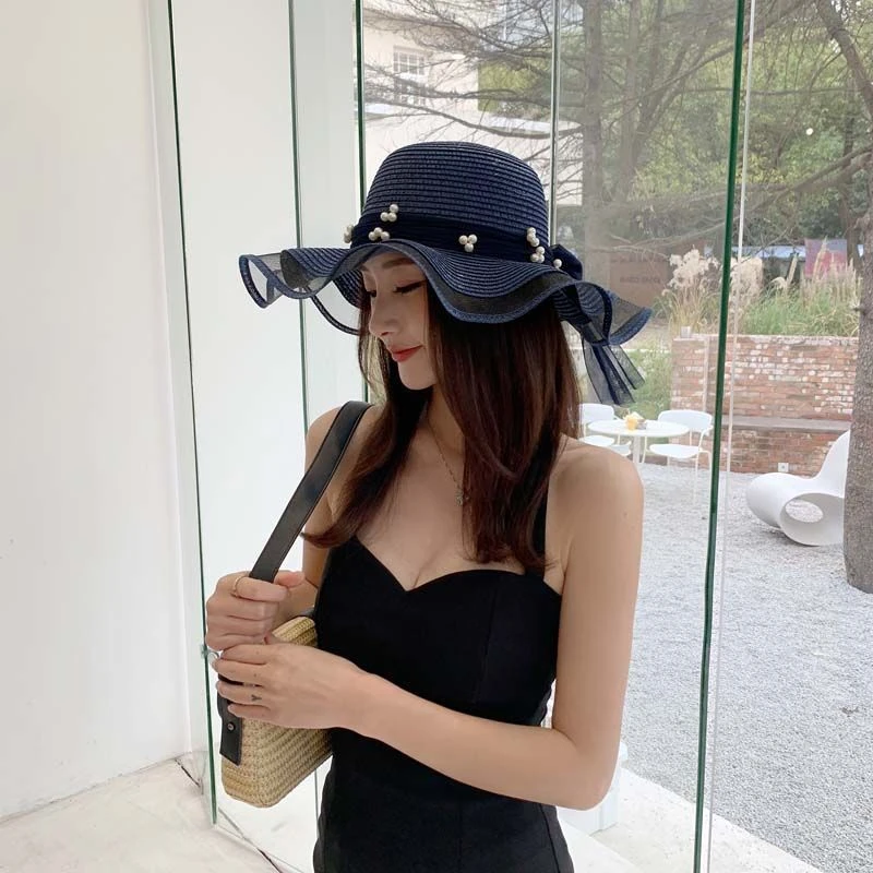 帽子女夏季新款珍珠遮阳帽防紫外线蝴蝶结草帽百搭显脸小防晒帽