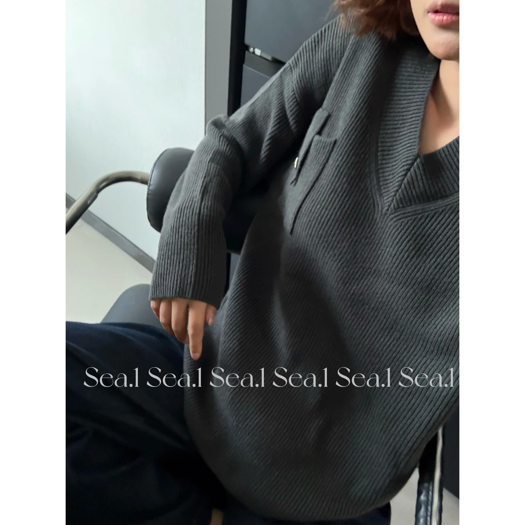 SEA.1 韩女日记 半高领一排扣针织衫开衫纯色毛衣设计感显瘦