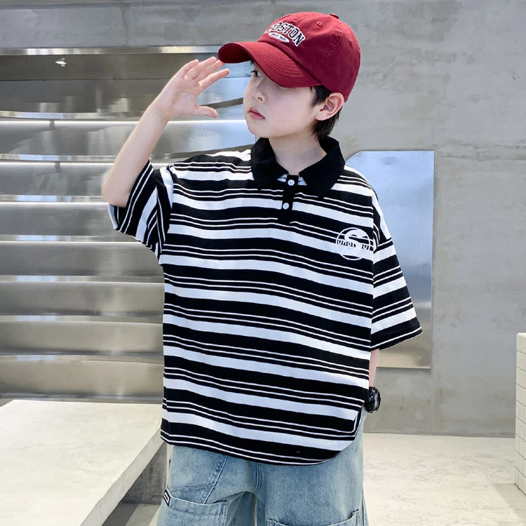 男童夏装短袖T恤条纹POLO衫2025新款大童儿童潮酷男孩帅气上衣潮