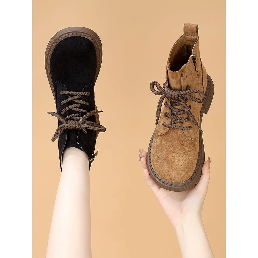 【万达撤柜】丁靴女2024冬季新款增高显瘦翻毛皮单靴爆款平底短靴