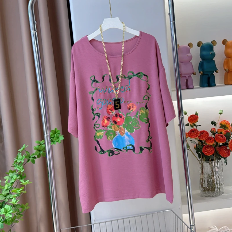 1930花瓶字母印花短袖上衣夏季宽松大版中长款圆领洋气休闲T恤女