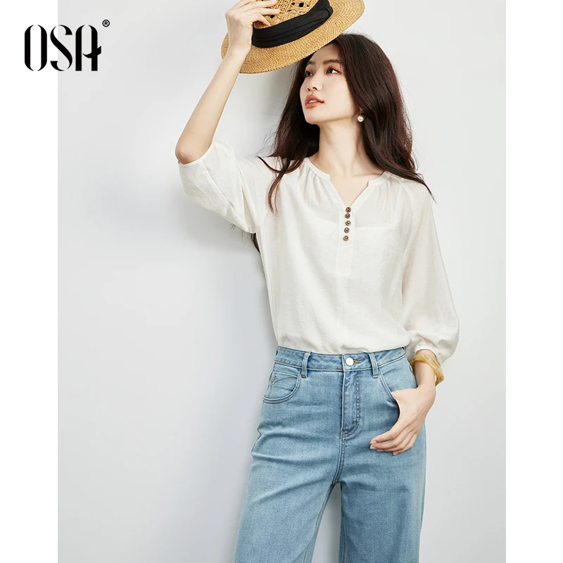 【OSA/】法式V领七分袖衬衫慵懒感轻薄衬衣套装S125C12003