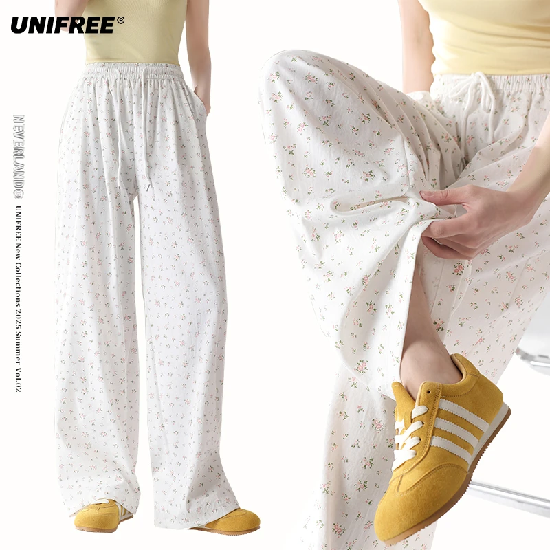 0101UNIFREE小碎花减龄宽松直筒垂感休闲裤长裤U252P082B1B1