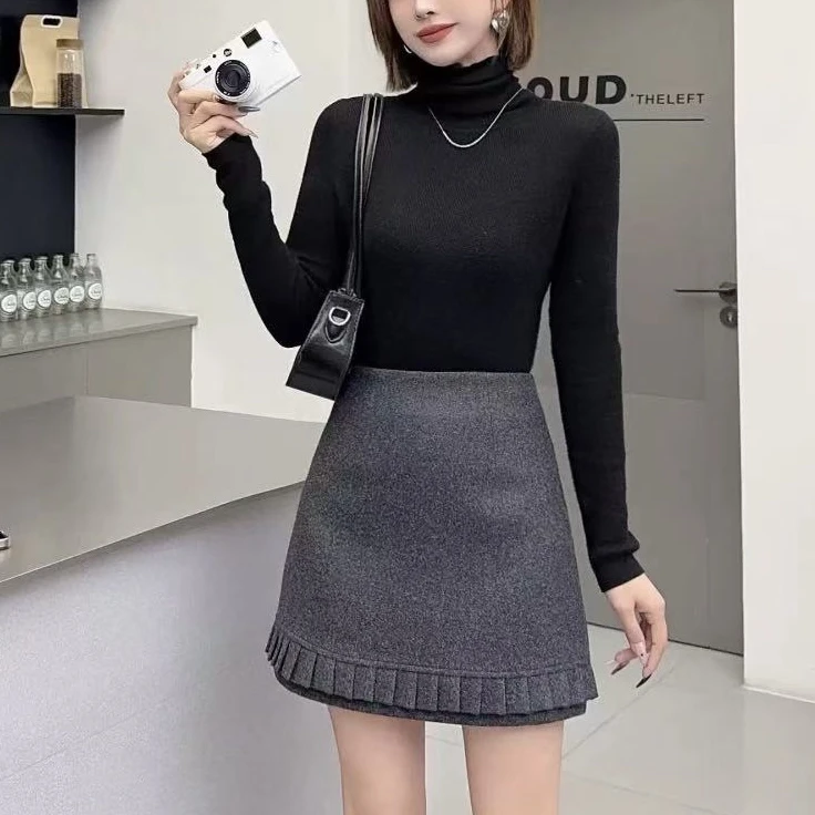 秋冬新款波点毛呢高腰A字半身短裙显瘦百搭时尚气质韩系女裙