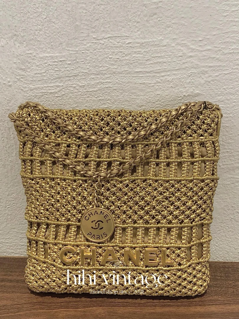 99新 Chanel/香奈儿 23A 金色金属牛皮编织mini 22bag 12769002
