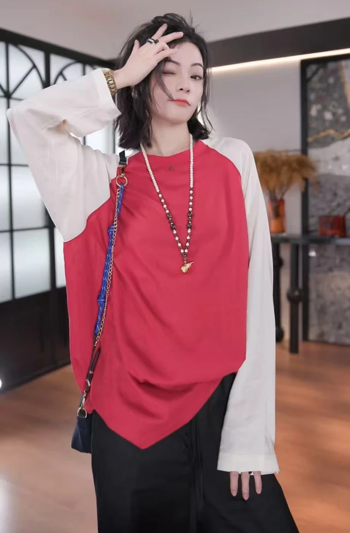 BANINGNA-2025欧货夏季设计时尚减龄插肩袖拼色慵懒长袖T恤63300
