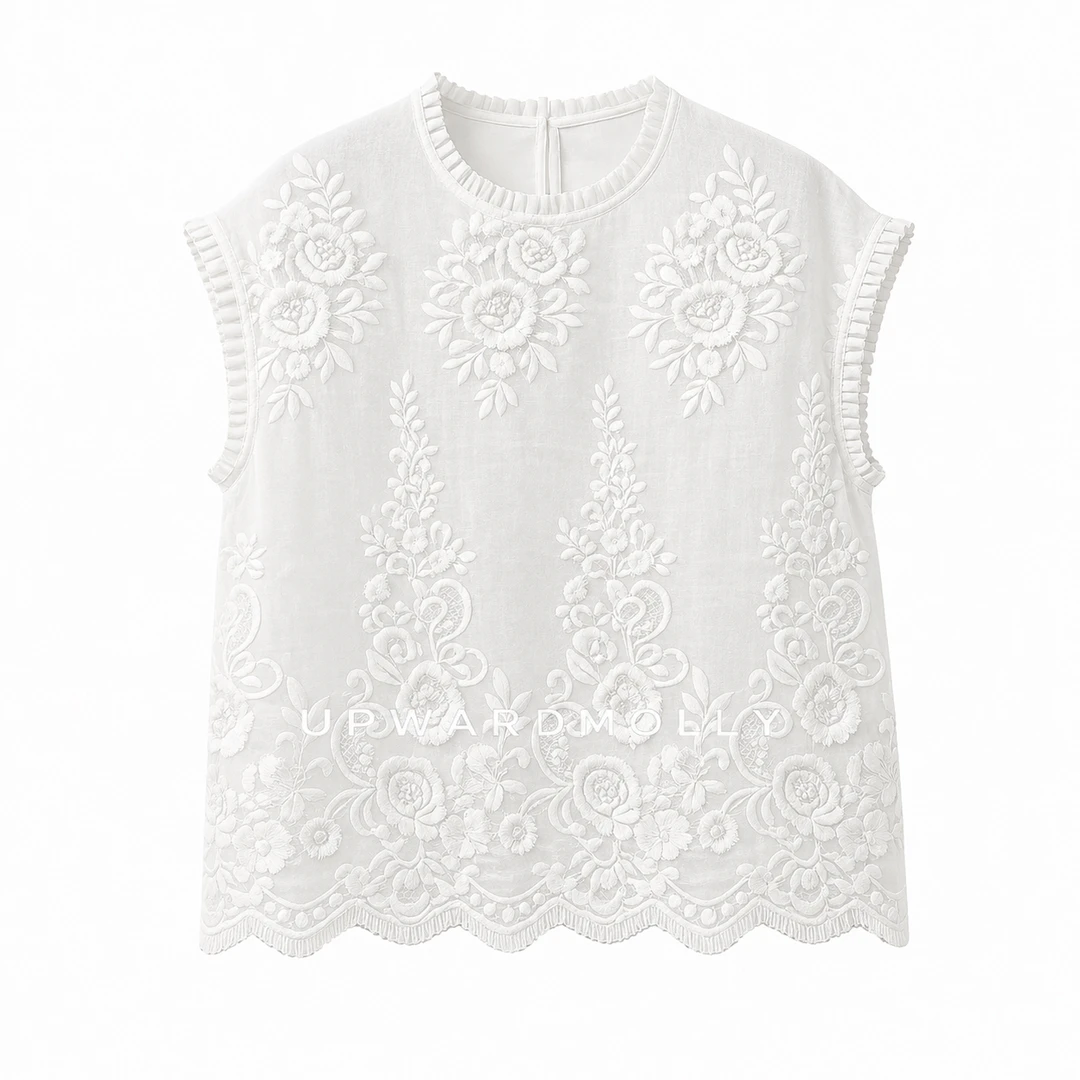 Upward Molly【私藏浪漫】苎麻混纺法式立体刺绣花朵温柔百搭上衣