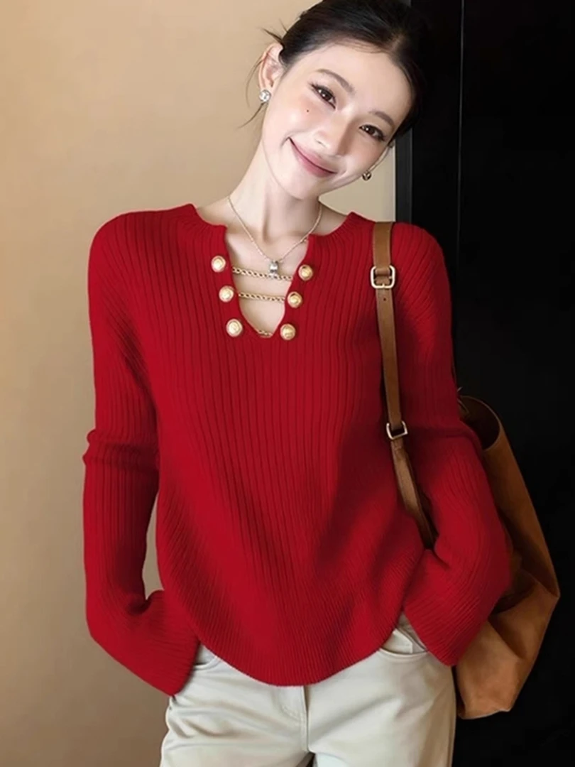 高级感绝美红色v领长袖毛衣春秋宽松老钱风针织衫简约套头衫上衣