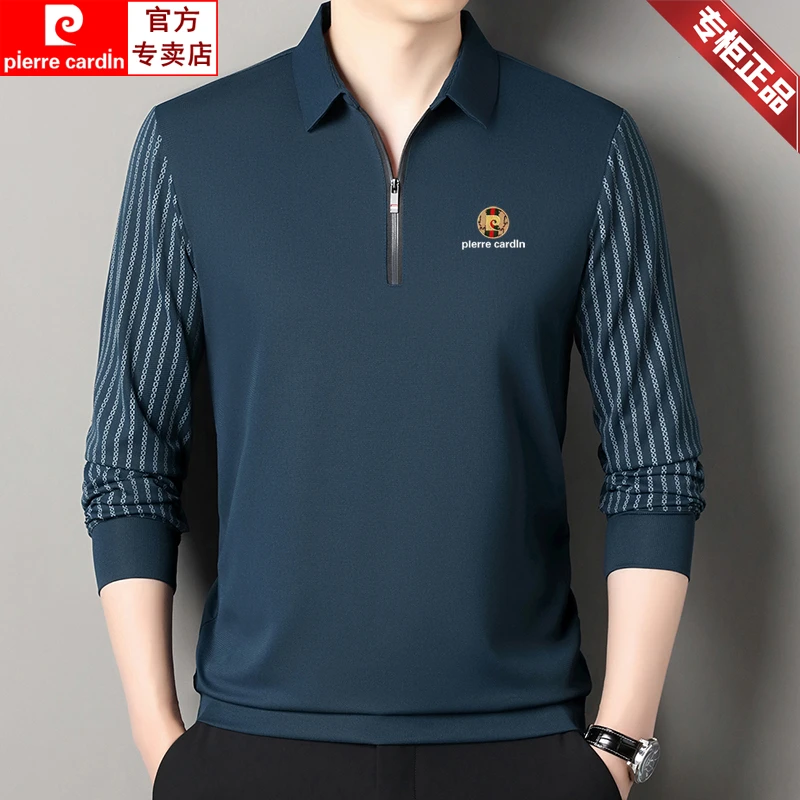 皮尔卡丹春秋新款桑蚕丝男士半拉链翻领polo衫商务休闲薄款上衣男