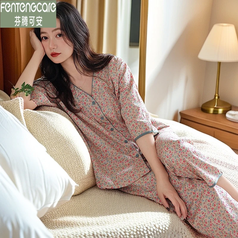 芬腾可安夏季纯棉女士睡衣七分袖长裤碎花V领时尚休闲宽松家居服