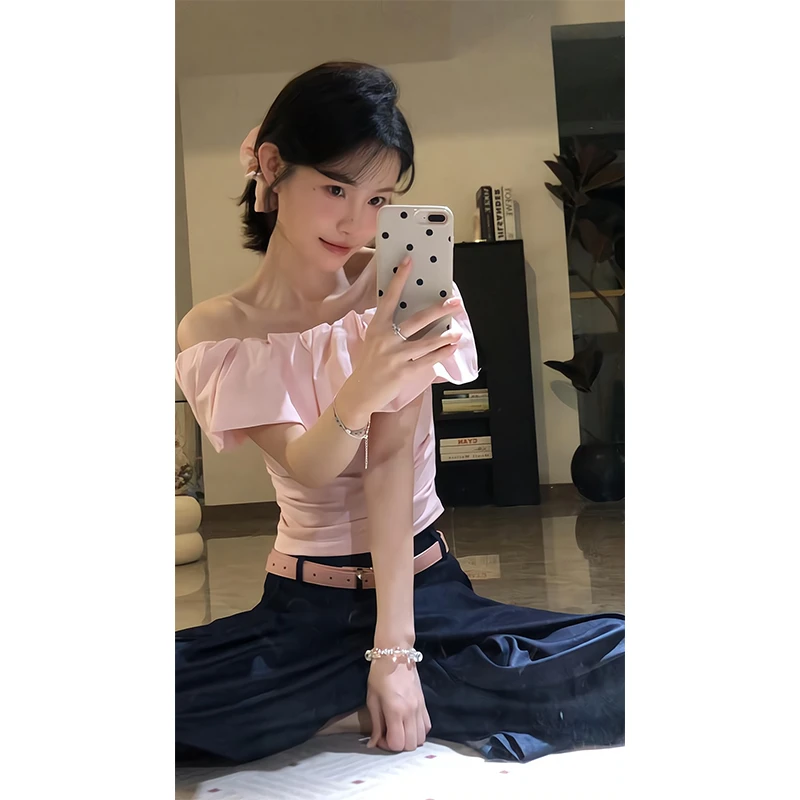 2025新款女夏季韩版一字肩荷叶边修身显瘦露肩短袖t恤宽松阔腿裤