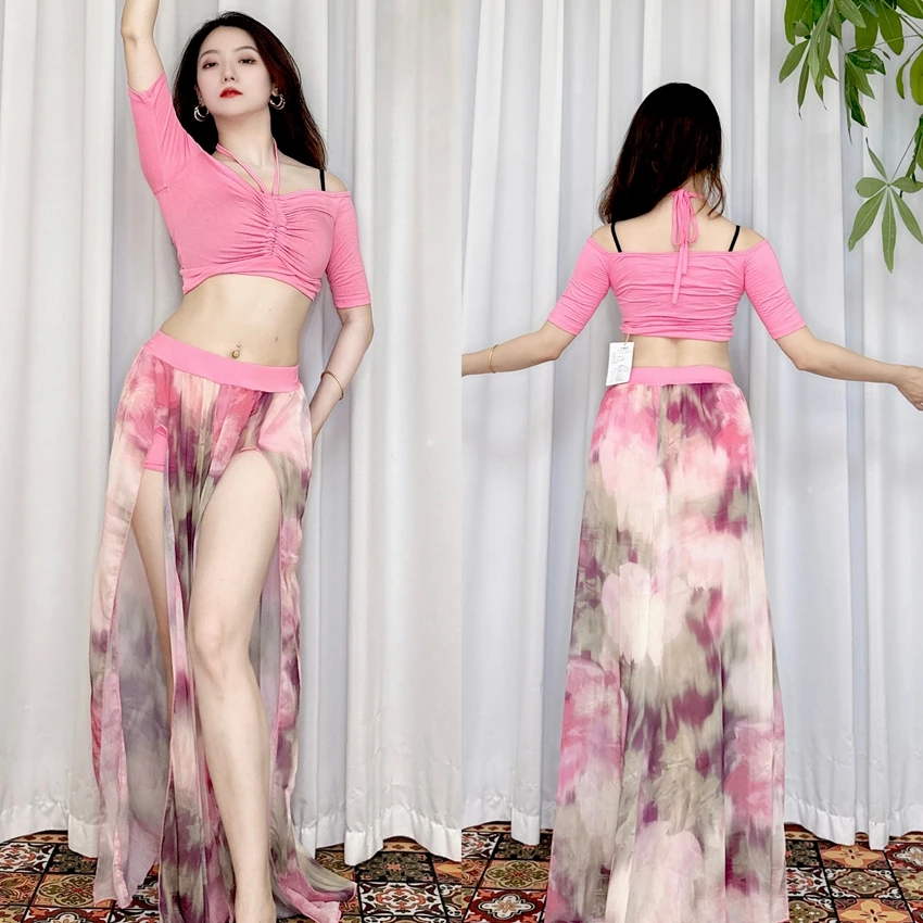 swegal肚皮舞练功服水墨粉紫开叉阔腿裤套装2025夏季新款东方舞