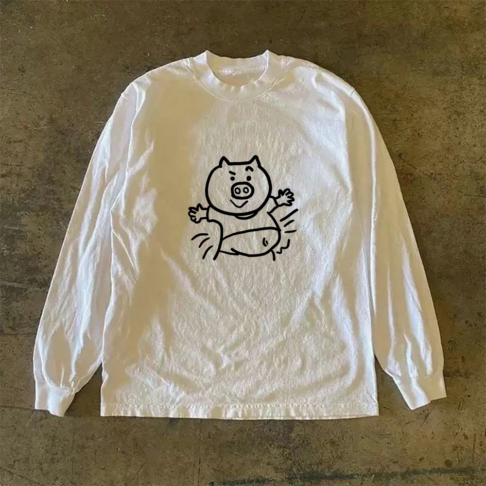 100%纯棉【小猪小猪】纯棉长袖T恤 复古重磅男女同款宽松百搭上衣