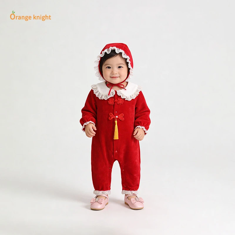 小月龄连体哈衣喜庆红色国风盘扣流苏挂坠新生儿宝宝新年服爬爬服