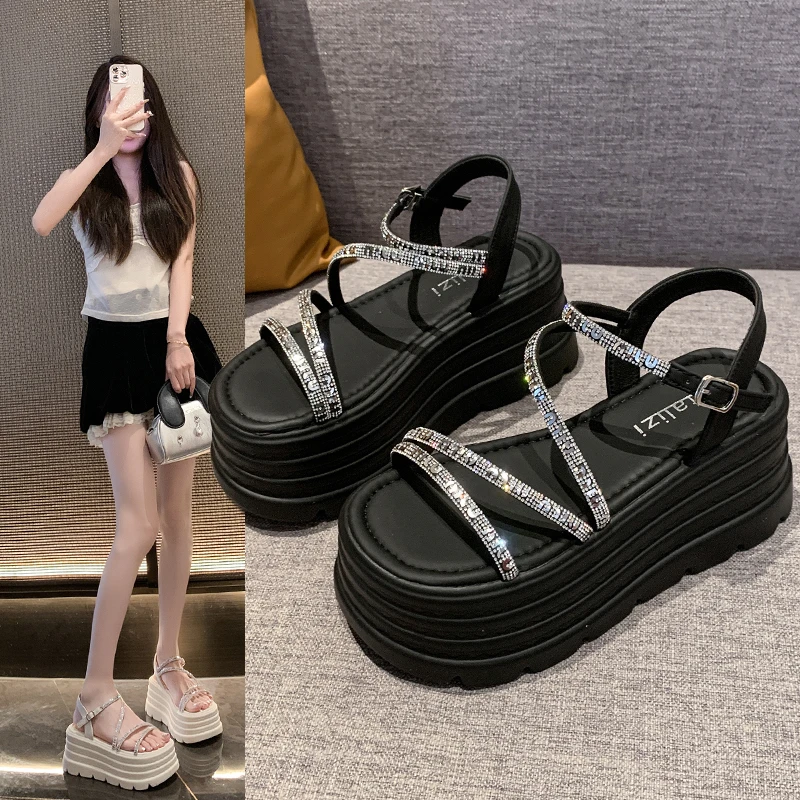 厚底增高水钻网红时尚百搭夏季外穿高跟仙女风露趾ins小个子凉鞋