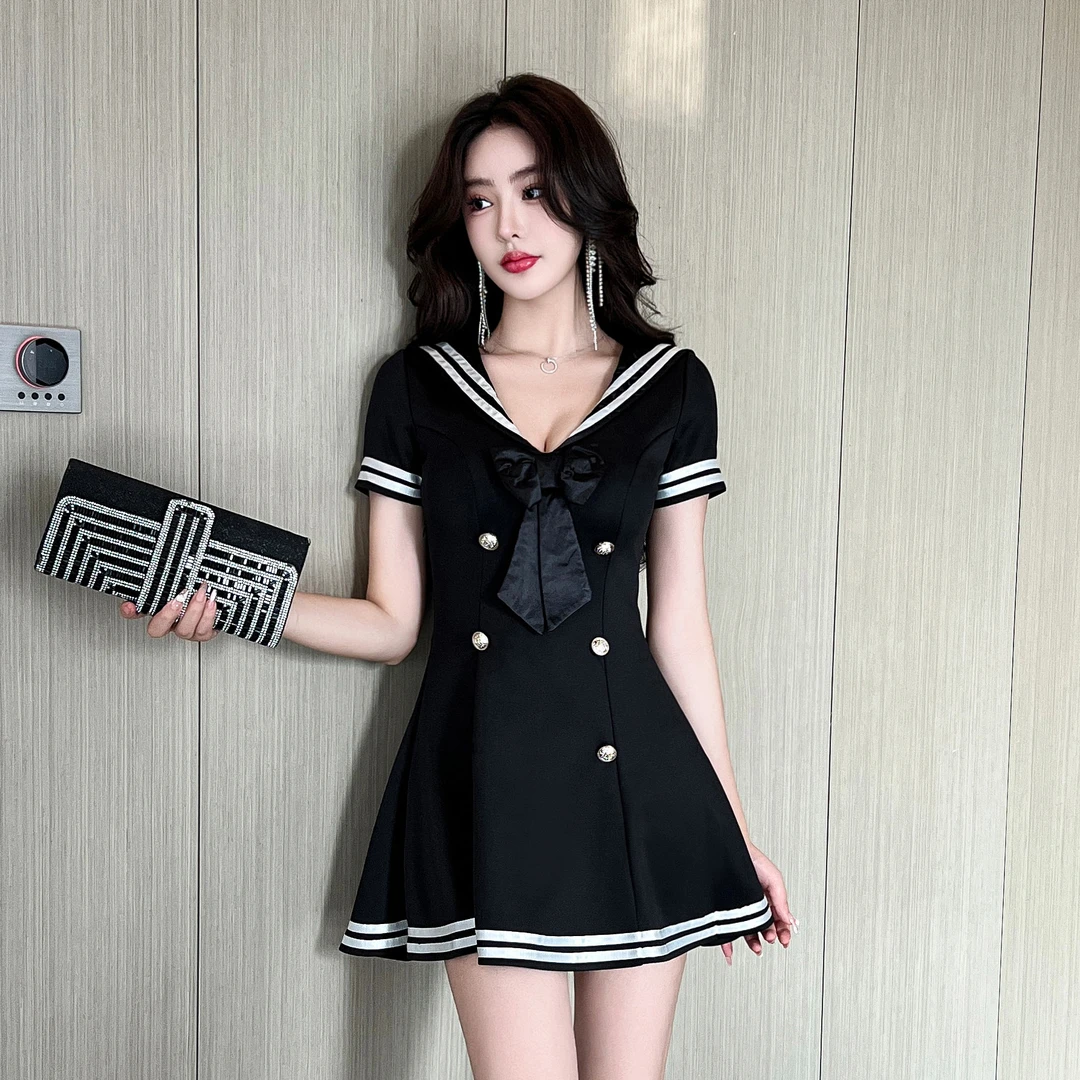 网红主播时尚新款纯欲海军领蝴蝶结收腰大摆排扣女士辣妹连衣裙